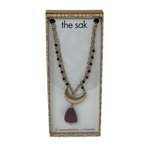 The Sak Gold-Tone Layered Necklace Gift Set. Burgundy Pendant & Crescent Charm.